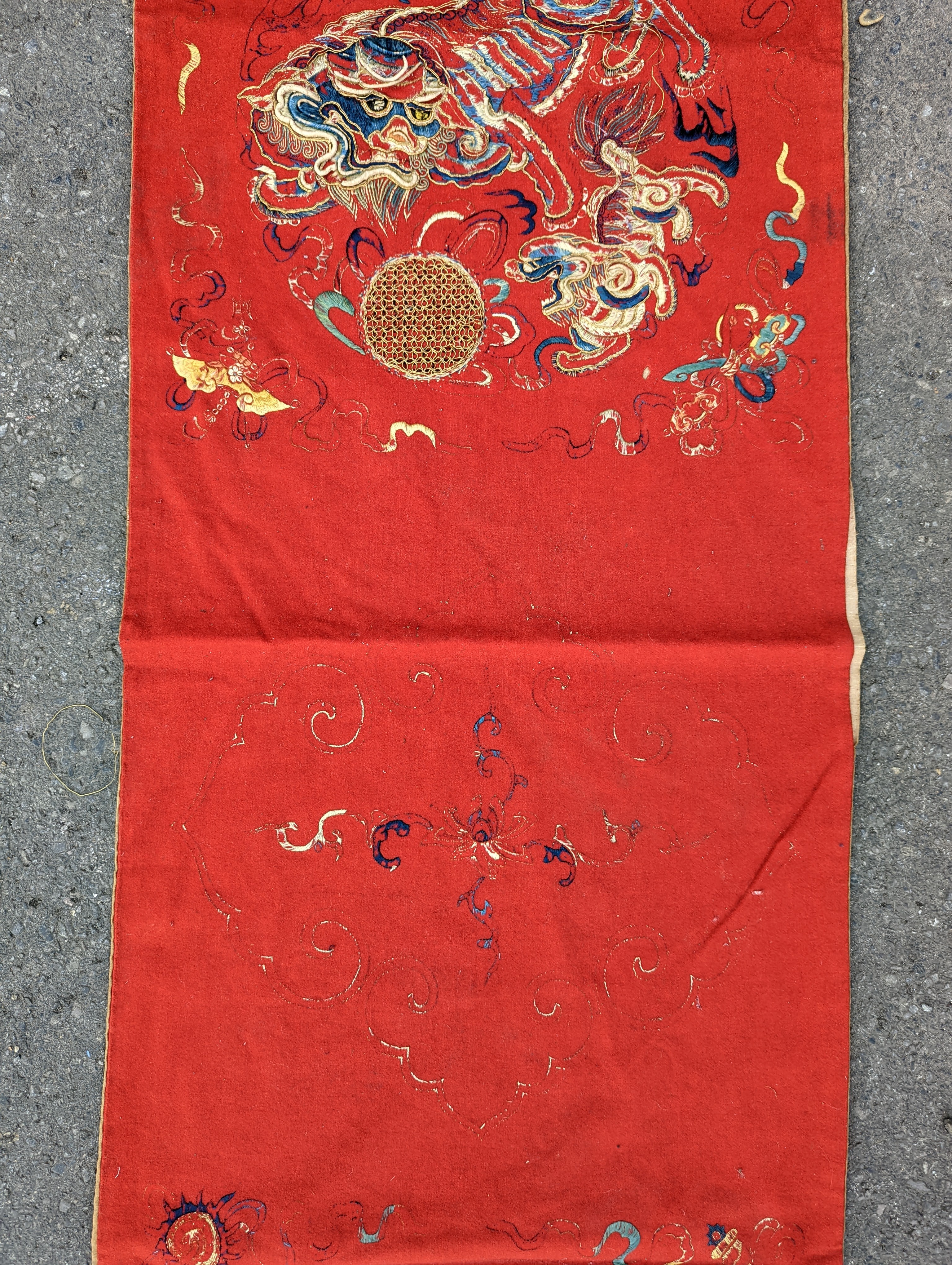 A pair of Chinese silk embroidered wall hangings, 46 x 152cm